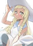  1girl alternate_eye_color arm_up blonde_hair braid breasts collarbone dress female hat highres lillie_(pokemon) long_hair looking_at_viewer matching_hair/eyes pokemon pokemon_sm saku_(saku1151) see-through simple_background sleeveless sleeveless_dress small_breasts smile solo sun_hat tied_hair twin_braids white_background white_dress white_hat wind_lift yellow_eyes 