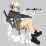  blonde_hair boots commentary gloves green_eyes gun headphones highres holding holding_gun holding_weapon moririn original pouch short_hair simple_background sitting solo weapon 