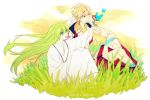  ankai_(rappelzankai) blonde_hair bodypaint bug butterfly enkidu_(fate/strange_fake) eyebrows_visible_through_hair fate/grand_order fate/strange_fake fate_(series) flower gilgamesh grass green_eyes green_hair hair_between_eyes insect jewelry long_hair long_sleeves looking_afar looking_up open_mouth pixiv_id red_eyes robe short_hair sitting smile white_robe wide_sleeves 