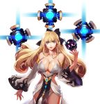  1girl blonde_hair blue_eyes breasts commission detached_sleeves dress dungeon_and_fighter female_mechanic_(dungeon_and_fighter) jewelry large_breasts long_hair panties revealing_clothes robot smile solo wide_sleeves 