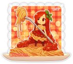  artist_name bangs brown_legwear chibi closed_mouth commentary dav-19 dress eyebrows_visible_through_hair eyes_visible_through_hair food food_themed_clothes fork full_body holding holding_fork in_food lace_background leaf long_hair looking_away looking_to_the_side original pasta personification plaid plate red_dress red_eyes red_hair short_sleeves smile solo spaghetti standing thighhighs tomato tomato_sauce transparent_background very_long_hair watermark web_address 