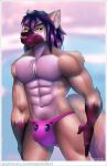  anthro blue_eyes blue_hair bulge canine digital_media_(artwork) fox fur gamibri hair hybrid male mammal moon_sarito muscular smile solo wolf 