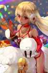  altera_(fate) altera_the_santa animal bangs bare_shoulders blunt_bangs blush breasts choker cleavage collarbone commentary_request dark_skin detached_sleeves earmuffs eyebrows_visible_through_hair fate/grand_order fate_(series) gloves headdress highres holding holding_animal holding_weapon looking_at_viewer open_mouth photon_ray red_eyes sheep shiny shiny_hair shiron_(e1na1e2lu2ne3ru3) short_hair small_breasts solo tattoo thighs weapon white_hair 