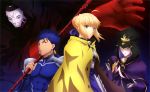  2girls ahoge armor artoria_pendragon_(all) black_choker black_gloves blonde_hair blue_bodysuit blue_dress blue_hair blue_ribbon bodysuit braid breastplate cape caster choker dagger dress earrings fate/stay_night fate_(series) french_braid fujimoto_noriko gae_bolg gauntlets gloves grey_earrings hair_bun hair_ribbon heaven's_feel highres holding holding_dagger holding_spear holding_weapon hood jewelry lancer lipstick looking_at_viewer makeup mask multiple_boys multiple_girls muscle newtype official_art polearm ponytail print_dress purple_cape purple_dress purple_eyes purple_hair purple_lipstick raincoat red_eyes ribbon saber scan shoulder_armor spear true_assassin weapon 