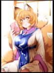  animal_ear_fluff animal_ears black_border blonde_hair border breasts brooch closed_mouth commentary_request door dress fox_ears fox_tail frilled_dress frills jewelry large_breasts light_blush lips long_sleeves looking_at_viewer multiple_tails no_hat no_headwear notebook short_hair sitting smile solo tabard tail touhou white_dress wide_sleeves wildcat_(kusonemi) yakumo_ran yellow_eyes 