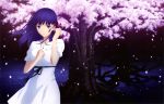  ajiki_kei black_ribbon blue_hair breasts cherry_blossoms collarbone copyright_name dress fate/stay_night fate_(series) floating_hair flower hair_ribbon heaven's_feel highres large_breasts long_hair matou_sakura namesake night official_art outdoors parted_lips petals pink_flower pink_ribbon purple_eyes ribbon solo standing tree white_dress 