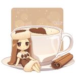  arm_support artist_name barefoot blush brown_dress brown_eyes brown_hair cappuccino_(drink) chibi cinnamon_stick closed_mouth coffee cup dav-19 dress food_themed_clothes fur-trimmed_dress fur_hat hand_on_own_knee hat heart lace_background long_hair looking_at_viewer original personification saucer sitting smile solo teacup transparent_background very_long_hair watermark web_address white_hat 