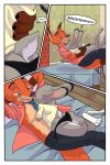  2018 akiric anthro bare_chest bed border canine clothed clothing comic crossed_legs dialogue dipstick_ears disney duo english_text female fox gloves_(marking) green_eyes hands_behind_head inside judy_hopps lagomorph lying male male/female mammal markings necktie nick_wilde off_shoulder on_back on_top open_shirt panties rabbit side-tie_panties speech_bubble text underwear white_border zootopia 