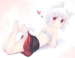  animal_ears ass bare_shoulders barefoot black_skirt eyebrows_visible_through_hair gradient gradient_background heart highres inubashiri_momiji kibisake looking_at_viewer lying miniskirt on_stomach pink_background red_eyes sarashi skirt solo tail the_pose thick_eyebrows touhou white_background white_hair wolf_ears wolf_girl wolf_tail younger 