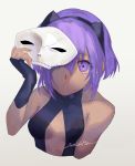  black_hairband breasts center_opening eyebrows_visible_through_hair fate/grand_order fate_(series) fingerless_gloves gloves hairband hassan_of_serenity_(fate) highres holding holding_mask looking_at_viewer mask nishikiya purple_eyes purple_hair short_hair signature small_breasts solo upper_body 