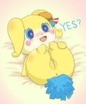  &lt;3 &lt;3_eyes anthro anus bed_sheet bedding blue_eyes blush cocotama dialogue dream_maker_watanabe english_text eyelashes female fur hi_res himitsu_no_cocotama lying on_back open_mouth presenting presenting_pussy pussy saliva solo text tongue yellow_fur 