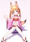  animal_ear_fluff animal_ears bare_shoulders bell black_footwear blonde_hair blue_eyes blush bow collarbone commentary_request detached_sleeves fox_ears fox_girl fox_tail gradient gradient_background hair_bell hair_ornament highres jingle_bell kemomimi_oukoku_kokuei_housou knees_together_feet_apart long_hair long_sleeves looking_at_viewer mikoko_(kemomimi_oukoku_kokuei_housou) momoshiki_tsubaki navel panties parted_lips pink_background pleated_skirt red_bow red_skirt revision ribbon-trimmed_legwear ribbon_trim sitting skirt solo tabi tail thighhighs twintails underwear virtual_youtuber white_background white_legwear white_panties wide_sleeves zouri 