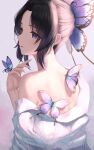  1girl absurdres artist_name back bangs black_hair bug butterfly butterfly_hair_ornament butterfly_on_hand commentary from_behind hair_ornament hand_up haori highres japanese_clothes kimetsu_no_yaiba kochou_shinobu looking_to_the_side medium_hair off_shoulder purple_butterfly purple_eyes revision sidelocks signature single_bare_shoulder solo tooku0 upper_body 
