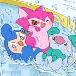  anthro blue_fur cocotama featureless_crotch fur green_eyes green_fur group himitsu_no_cocotama mukitetsu_(cocotama) nude open_mouth pink_eyes pink_fur purple_eyes sayunu signature tokumaru_(cocotama) water wet yurano_(cocotama) 