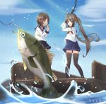  animal artist_name blue_skirt blue_sky bow brown_eyes brown_hair cloud commentary_request day fish fishing fishing_hook fishing_line fishing_rod hair_bow hair_ornament hairclip holding holding_fishing_rod long_hair long_sleeves multiple_girls neckerchief original outdoors pleated_skirt red_bow red_neckwear school_uniform seero serafuku shirt skirt sky standing twintails very_long_hair water white_shirt 