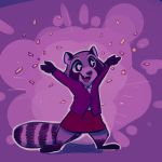  2019 abstract_background anthro barefoot black_ears clothed clothing confetti cute_fangs disney facial_markings female fuel_(artist) gloves_(marking) kameela_(zootopia) mammal markings open_mouth open_smile procyonid purple_background raccoon restricted_palette ringtail simple_background skirt smile socks_(marking) solo standing zootopia 
