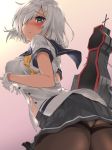  ass black_legwear blue_eyes breasts cowboy_shot from_behind gloves gradient gradient_background grey_skirt hair_ornament hair_over_one_eye hairclip hamakaze_(kantai_collection) kantai_collection large_breasts looking_at_viewer looking_back machinery pantyhose pleated_skirt remodel_(kantai_collection) rigging school_uniform serafuku short_hair short_sleeves silver_hair skirt solo white_gloves yellow_neckwear youmou_usagi 