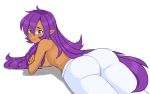  1girl absurdres ass blue_eyes blush breasts darkerdawn hair_down highres long_hair looking_at_viewer pajamas pants pointy_ears purple_hair shantae_(character) shantae_(series) solo topless very_long_hair 