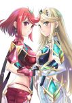 bangs blonde_hair blush breast_press breasts cowboy_shot earrings eyebrows_visible_through_hair gloves hair_ornament highres hikari_(xenoblade_2) holding_hands homura_(xenoblade_2) interlocked_fingers jewelry large_breasts long_hair looking_to_the_side multiple_girls red_eyes red_hair red_shorts short_hair shorts sidelocks swept_bangs symmetrical_docking tiara white_background xenoblade_(series) xenoblade_2 yamagami_mozuku yellow_eyes 
