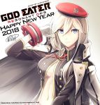  10s 1girl 2018 alisa_ilinichina_amiella blue_eyes breasts gloves god_eater god_eater_resonant_ops hat large_breasts long_hair midriff navel official_art silver_hair underboob 