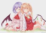  2girls ascot bangs bat_wings blouse blush bow breasts closed_mouth collared_blouse commentary_request crystal eyebrows_visible_through_hair eyelashes eyes_closed flandre_scarlet frilled_shirt_collar frills hand_on_another&#039;s_hand head_to_head high-waist_skirt kneehighs light_blue_hair long_sleeves medium_skirt multiple_girls on_grass orange_hair outdoors pleated_skirt red_bow red_neckwear red_skirt red_vest remilia_scarlet shiny shiny_hair shiromoru_(yozakura_rety) short_hair side_ponytail sitting skirt skirt_set smile touhou vest white_blouse white_legwear wing_collar wings yellow_neckwear 