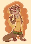  2019 abstract_background anthro barefoot brown_background clothed clothing cute_fangs female fuel_(artist) hand_behind_back kris_(zootopia) looking_at_viewer mammal mustelid open_mouth open_smile otter shirt shorts simple_background smile standing tank_top whiskers 