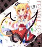  :o alternate_costume animal_ears bare_arms bare_shoulders blonde_hair blue_choker blue_ribbon bow cat_ears cat_tail character_name choker commentary_request dress feet_out_of_frame flandre_scarlet hair_ribbon hat hat_ribbon kemonomimi_mode mini_hat mini_top_hat open_mouth red_dress red_eyes ribbon sailor_collar shikitani_asuka short_hair solo standing star tail tilted_headwear top_hat touhou white_legwear wings yellow_bow yellow_neckwear 