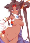  bare_shoulders black_hair blue_eyes blush breasts cleavage covered_nipples dark_skin detached_sleeves fate/grand_order fate_(series) hand_on_hip hat long_hair looking_at_viewer medium_breasts navel revealing_clothes sidelocks simple_background sketch solo ushiwakamaru_(fate/grand_order) very_long_hair white_background yostxxx 