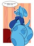  2018 anthro big_breasts big_butt blue&#039;s_clues blue_(blue&#039;s_clues) blue_eyes bottomless breasts butt canine clothed clothing dog english_text female fur huge_butt komponi looking_back mammal side_boob spots spotted_fur text thick_thighs voluptuous wide_hips 