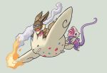  commentary creature eevee falling fire flying full_body gen_1_pokemon gen_3_pokemon gen_4_pokemon glitchedpuppet goggles grey_background kecleon no_humans not_shiny_pokemon open_mouth pokemon pokemon_(creature) scared simple_background smoke togekiss tongue tongue_out 