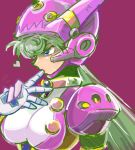  android blue_eyes breasts capcom commentary_request finger_sucking finger_to_mouth gloves green_hair hakushin heart helmet holding_hands large_breasts long_hair marino purple_background rockman rockman_x rockman_x_command_mission solo_focus upper_body white_gloves 