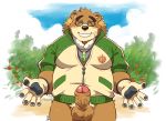  2018 41raco anthro balls bear blush brown_fur clothed clothing eyewear fur glasses gloves hat male mammal overweight overweight_male penis shirako solo straw_hat tokyo_afterschool_summoners volos 