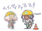  chibi commentary_request dark_skin domino_mask hekoningyou_(waraningyou) helmet hime_(splatoon) iida_(splatoon) jackhammer long_hair mask mole multicolored multicolored_skin multiple_girls octarian pink_pupils simple_background splatoon_(series) splatoon_2 