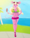  2014 anthro big_breasts blanca-d blonde_hair breasts bubble_gum clothing eyewear female freckles fur glasses hair mammal mouse navel pigtails pink_fur rodent seaside shirt short_pants solo twirling_hair walking 