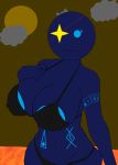  2018 alien areola big_breasts bikini blue_skin bow breasts clothing cloud deity digital_media_(artwork) female glowing glowing_areola huge_breasts lava liyo(taa) macro poking_nipple sky solo sun swimsuit symbol thearabicartist yellow_sky 