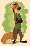  2019 abstract_background anthro barefoot canid canine clothed clothing crossed_arms dipstick_tail fuel_(artist) green_background lucas_(zootopia_fan_character) male mammal maned_wolf multicolored_tail muzzle_(marking) simple_background smile solo standing 