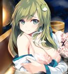  absurdres bangs bare_shoulders bra breasts bucket cleavage closed_mouth clothed_bath commentary_request detached_sleeves eyebrows_visible_through_hair fallen_heaven flower frog_hair_ornament green_eyes hair_ornament highres ke-ta_(style) kochiya_sanae long_hair looking_at_viewer medium_breasts night pink_bra pink_flower snake_hair_ornament solo touhou underwear upper_body water wooden_bucket 