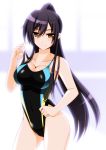  black_hair black_swimsuit breasts cleavage commentary_request competition_swimsuit cowboy_shot engo_(aquawatery) idolmaster idolmaster_shiny_colors large_breasts long_hair looking_at_viewer one-piece_swimsuit ponytail shirase_sakuya solo standing swimsuit white_background yellow_eyes 