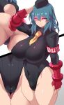  1girl absurdres ass ass_visible_through_thighs beret black_headwear black_leotard blue_hair breasts byleth_(fire_emblem) byleth_(fire_emblem)_(female) character_name commentary_request covered_nipples fat_mons fingerless_gloves fire_emblem fire_emblem:_three_houses gloves glowing glowing_eyes hair_between_eyes half-closed_eyes hat highres hypnosis konno_tohiro leotard medium_hair mind_control pink_eyes red_gloves ribbed_leotard salute shadaloo_dolls skin_tight solo thighs 