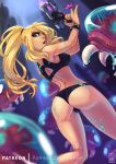  alien ass black_panties blonde_hair blue_eyes breasts commentary eyelashes eyeshadow from_behind helixel high_ponytail highres lips long_hair looking_back makeup medium_breasts metroid metroid_(creature) open_mouth panties patreon_username samus_aran slime solo_focus sports_bra underwear underwear_only wristband 