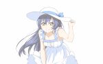  bangs blue_hair blush commentary_request dress eyebrows_visible_through_hair hair_between_eyes hand_on_headwear hat highres long_hair looking_at_viewer love_live! love_live!_school_idol_project simple_background sleeveless smile solo sonoda_umi sun_hat sundress super-saiya-0173 white_background white_dress yellow_eyes 