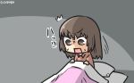  /\/\/\ 1girl brown_eyes brown_hair commentary_request dated hair_down hamu_koutarou highres kantai_collection motion_lines naka_(kantai_collection) open_mouth pajamas pillow solo waking_up 