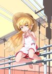  bakemonogatari barefoot blonde_hair blush_stickers commentary_request dress eyebrows_visible_through_hair fang fang_out fingers_together hat highres kyabe_tsuka long_hair looking_at_viewer monogatari_(series) oshino_shinobu pointy_ears railing revision sitting smile solo straw_hat sun_hat very_long_hair yellow_eyes 