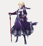  artoria_pendragon_(all) blonde_hair blue_dress blue_ribbon boots braid breasts clenched_hand commentary_request dark_excalibur dress fate/grand_order fate_(series) full_body gauntlets grey_background hair_bun hair_ribbon hand_on_hilt high_heel_boots high_heels highres legs_apart looking_at_viewer medium_breasts parted_lips partial_commentary puffy_sleeves ribbon saber_alter simple_background solo standing tenobe yellow_eyes 