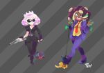  3d_rod! artist_name banana_peel black_footwear black_gloves black_hair black_jacket black_panties black_skin boots cephalopod_eyes commentary crown directional_arrow dog domino_mask dress_shirt english english_commentary fingerless_gloves food fruit gloves gradient_hair green_eyes green_hair green_nails hime_(splatoon) holding holding_weapon iida_(splatoon) jacket long_hair looking_at_viewer mad_max makeup mascara mask microphone microphone_stand mole mole_under_mouth multicolored multicolored_hair multicolored_skin multiple_girls n-zap_(splatoon) nail_polish necktie octarian open_mouth panties pants pink_hair pink_pupils purple_footwear purple_jacket purple_pants red_neckwear shirt shoes short_hair signature smile splatoon_(series) splatoon_2 standing suction_cups sunglasses thigh_strap underwear walking weapon white_hair wing_collar yellow_shirt 