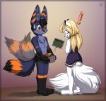  ! 2018 animal_genitalia animal_penis anthro arctic_fox blep blue_fur blush boxer_briefs boxers_(clothing) canine canine_penis clothed clothing cute dick_in_a_box digital_media_(artwork) dress duo erection female fennec fox fur gift hair hi_res holding_gift holding_object male mammal mostly_nude multicolored_fur nervous orange_fur penis ribbons sidni sidnithefox simple_background smile stack_(character) standing tailwag tongue tongue_out toony underwear underwear_pull white_fur 