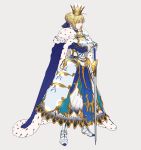  armor armored_dress artoria_pendragon_(all) bangs blonde_hair blue_cape cape commentary_request crossed_arms eyebrows_visible_through_hair fate/grand_order fate_(series) greaves green_eyes grey_background hair_between_eyes hands_on_hilt highres looking_away multicolored multicolored_cape multicolored_clothes multicolored_footwear partial_commentary saber simple_background solo sword tenobe weapon white_background 