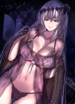  bare_shoulders bikini breasts cafe_au_lait_(kafeore) collarbone commentary_request dark_jeanne feathers granblue_fantasy grey_hair groin hair_feathers jeanne_d'arc_(granblue_fantasy) large_breasts long_hair looking_at_viewer navel red_eyes smile solo swimsuit 