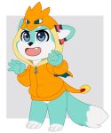  2018 5_fingers anthro big_eyes blithedragon blue_eyes blue_fur canine charizard chibi clothing cute eyebrows fangs fox fur hoodie male mammal nintendo open_mouth pok&eacute;mon pok&eacute;mon_(species) roflfox simple_background solo video_games white_fur 