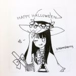  artist_name cherry commentary creamsherry english english_commentary food fruit greyscale halloween happy_halloween hat heart highres inktober long_hair monochrome one_eye_closed original simple_background smile solo tongue tongue_out uncolored white_background witch_hat 